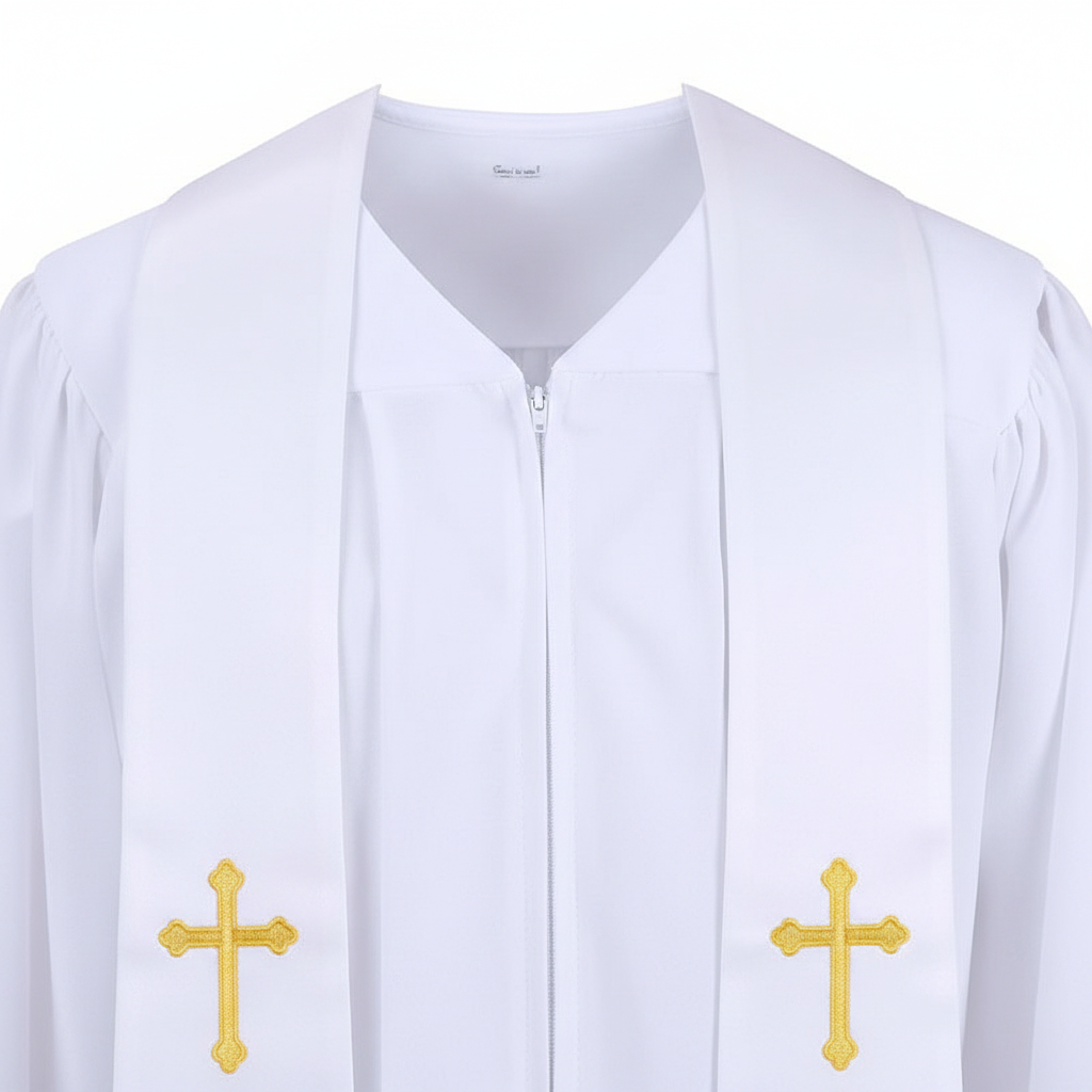 Close-up detail of white clergy robe showing V-neckline front zipper and white satin stole with gold cross embroidery, white background