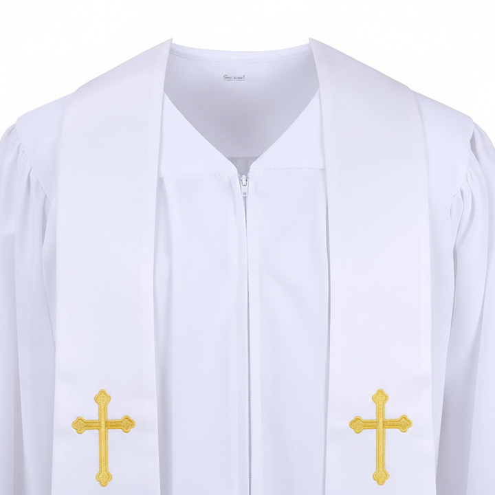Close-up detail of white clergy robe showing V-neckline front zipper and white satin stole with gold cross embroidery, white background