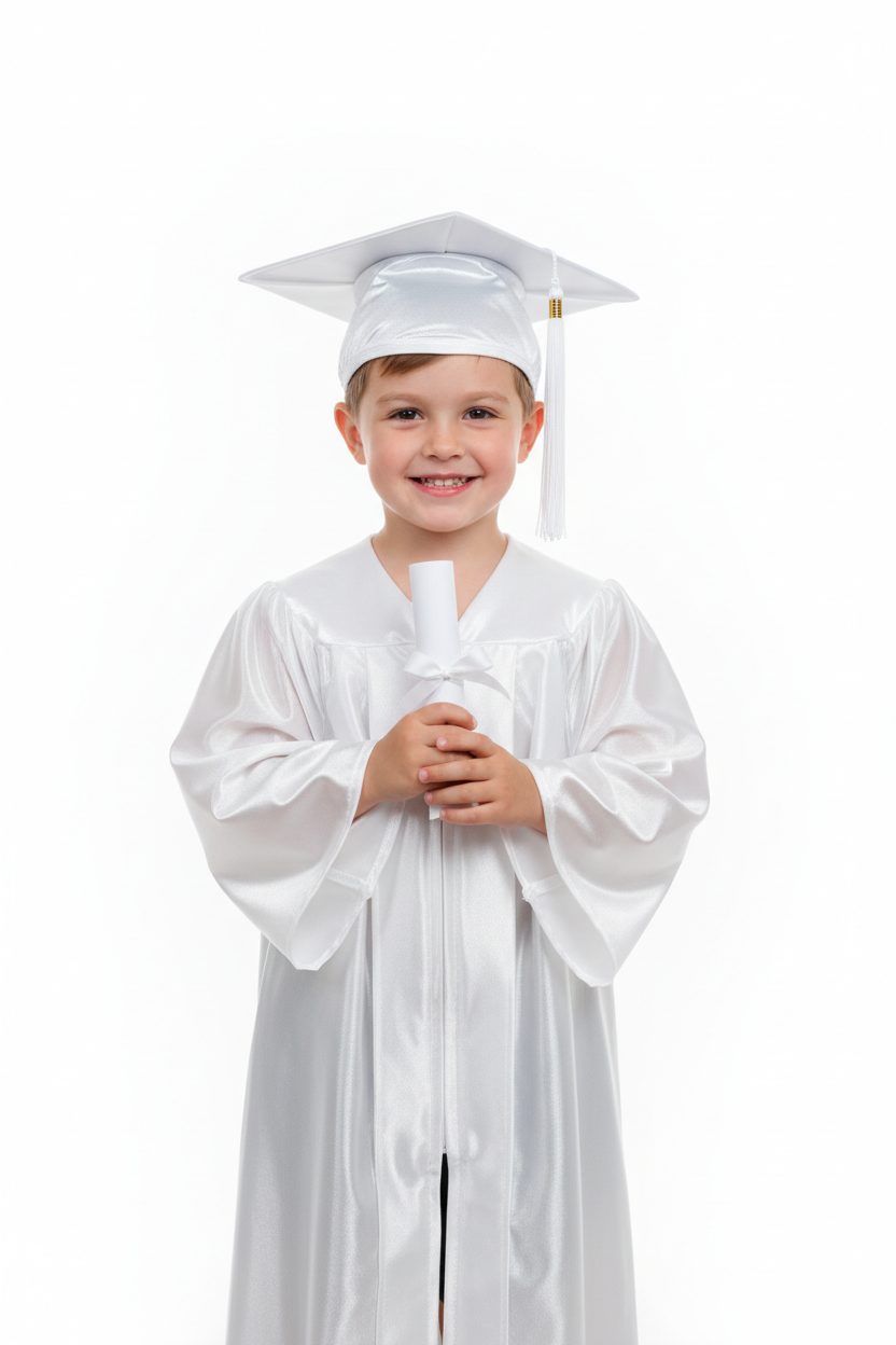 Shiny White Kindergarten/Preschool Cap & Gown - Model Shot