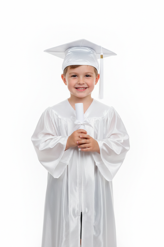 Shiny White Kindergarten/Preschool Cap & Gown - Model Shot