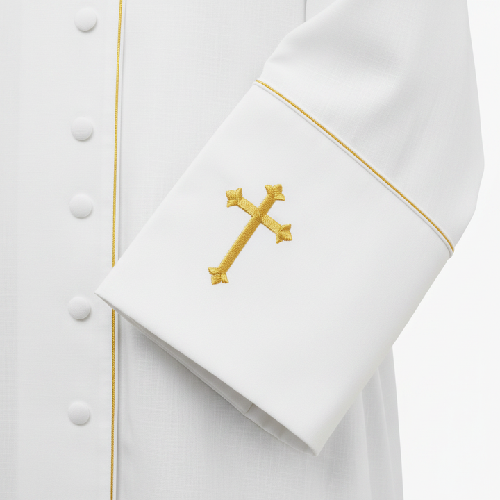 Close-up detail of white clergy cassock robe cuff with gold cross embroidery and gold piping trim