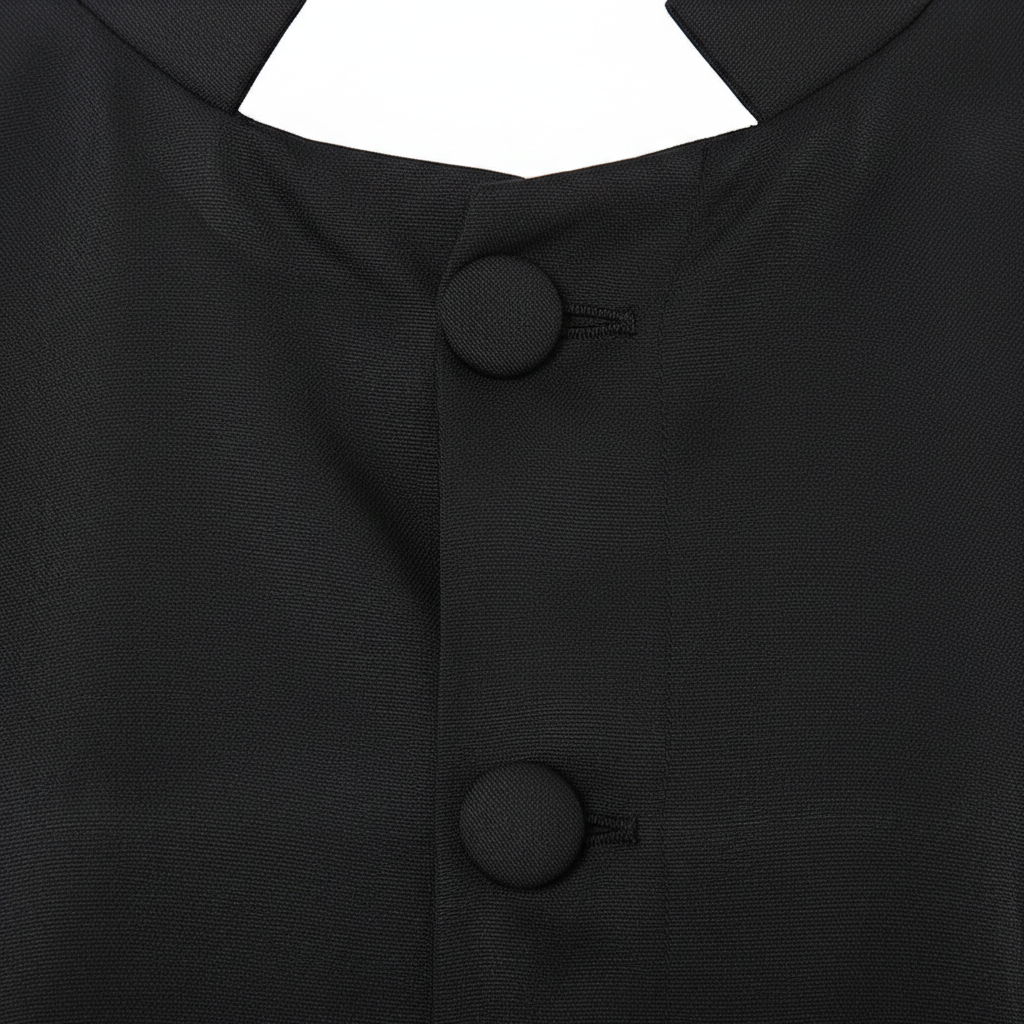 Close-up detail of black cassock robe showing full center button row from collar down the front placket, white background