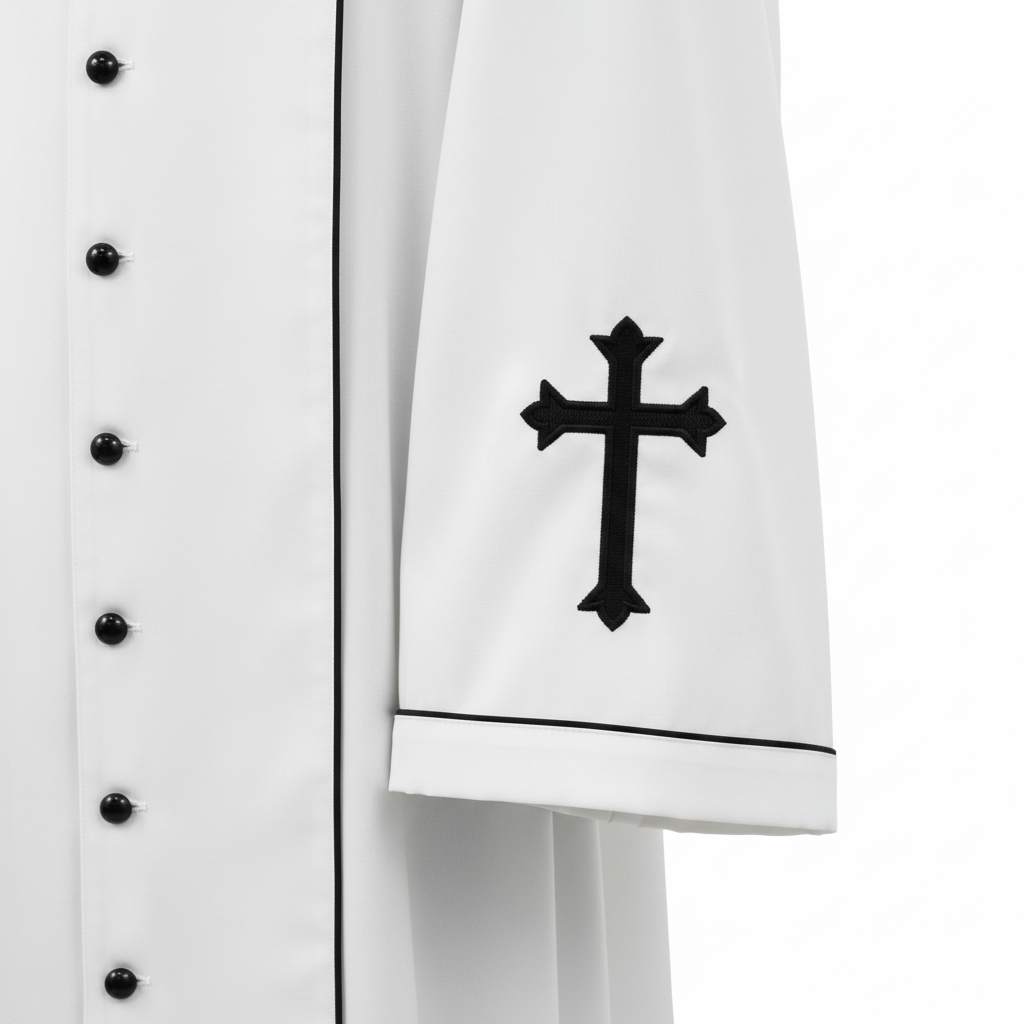 Close-up detail of white clergy cassock robe cuff with black cross embroidery and black piping trim
