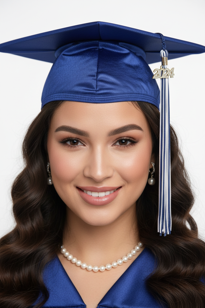 Shiny Navy Blue High School Cap & Tassel - Model Shot