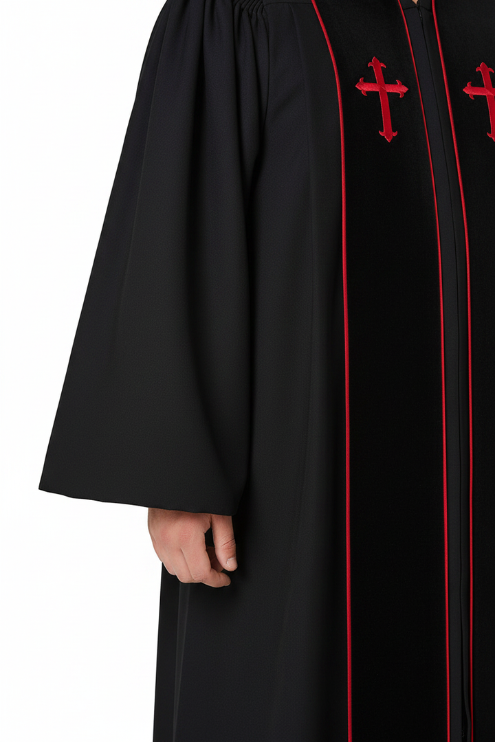 Premium Custom-Embroidered Clergy Robe - Black with Red Trim