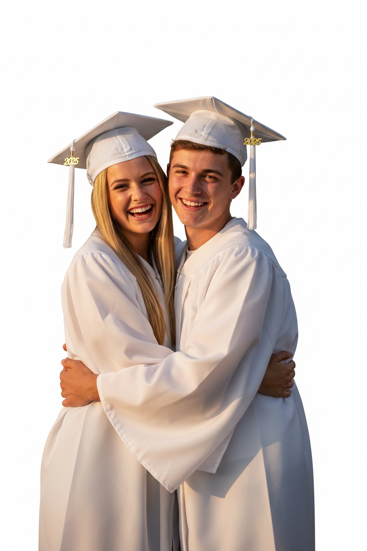 Matte White High School Cap and Gown - Model Display