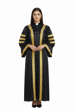 Unisex Clergy Choir Robe | Black with Gold Patterned Trim | Custom Logo Supported | Stage Performance Cosplay | M-XXXL | 1100g