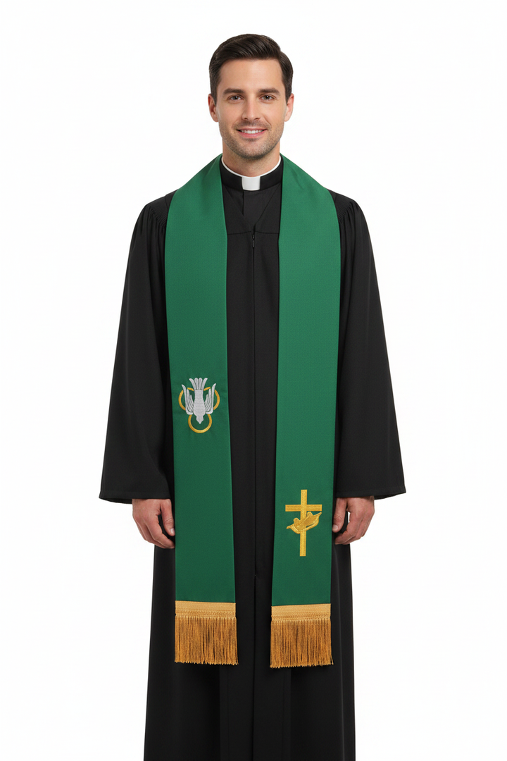 Male model wearing green reversible clergy stole with dove cross gold embroidery and gold fringe over black cassock, full body front view, white background