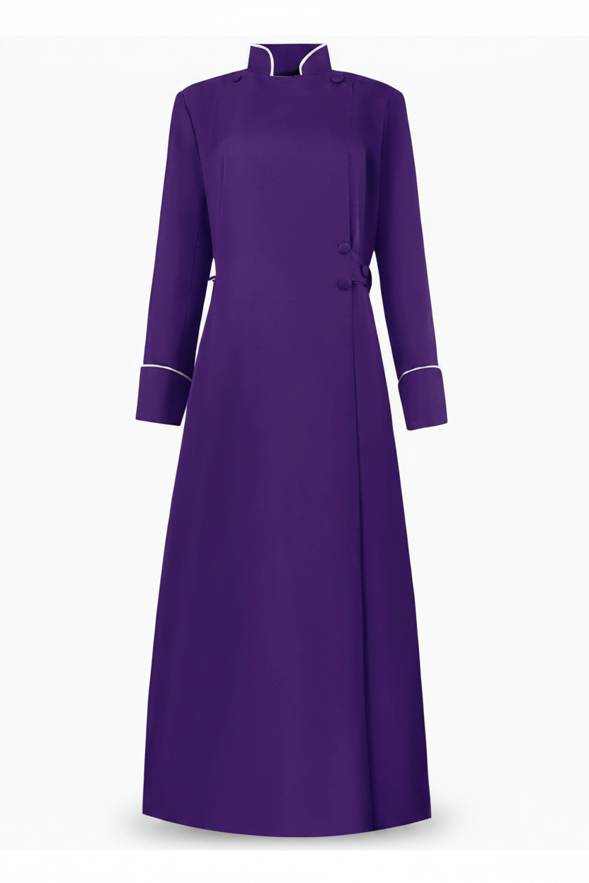 Purple Medieval Clergy Cassock Robe with White Trim - Product Display White Background
