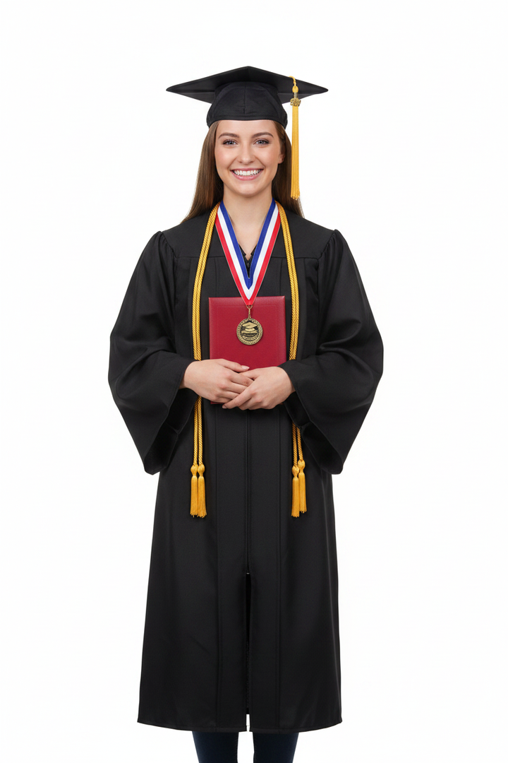 Premium Matte Graduation Cap, Gown, Stole, Diploma Cover and Souvenirs Package - Model Display