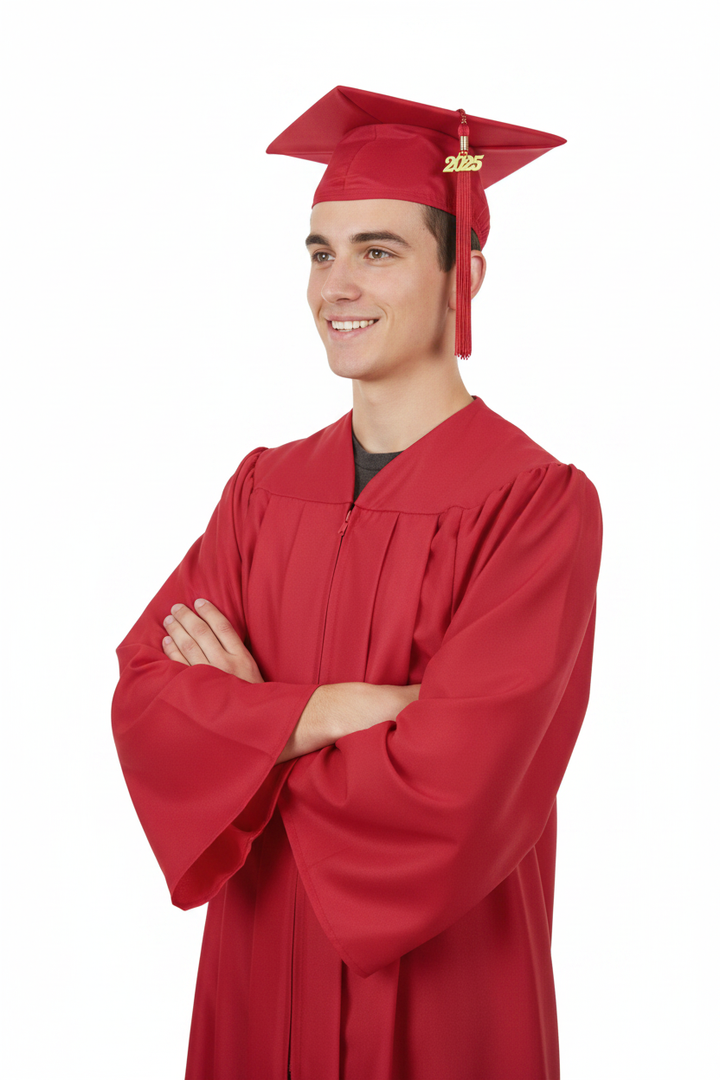Matte Red High School Cap and Gown - Model Display