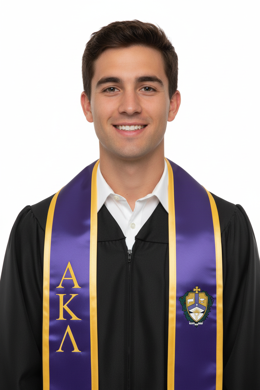 Alpha Kappa Lambda Trimmed Greek Lettered Graduation Stole w/ Crest model display