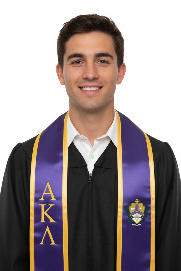 Alpha Kappa Lambda Trimmed Greek Lettered Graduation Stole w/ Crest model display