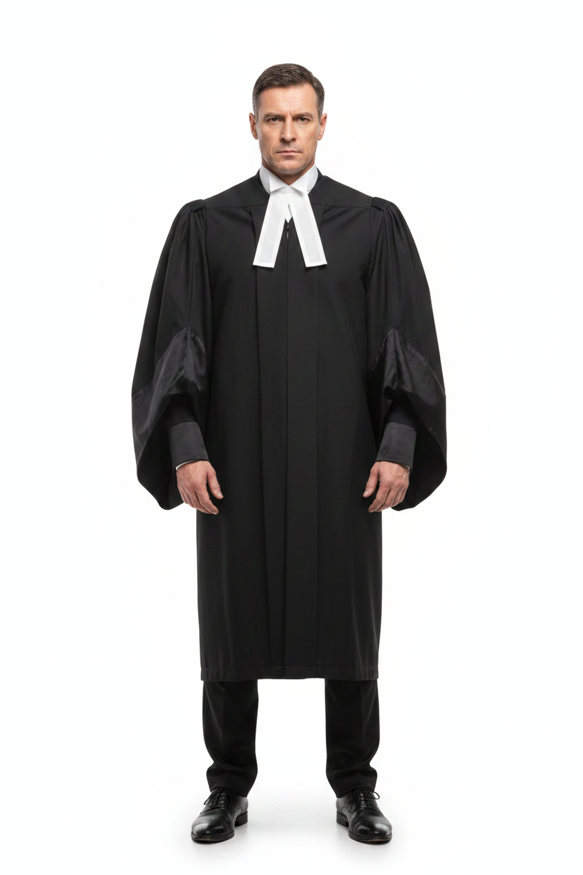 Model wearing black barrister lawyer robe with white pleated jabot, white background