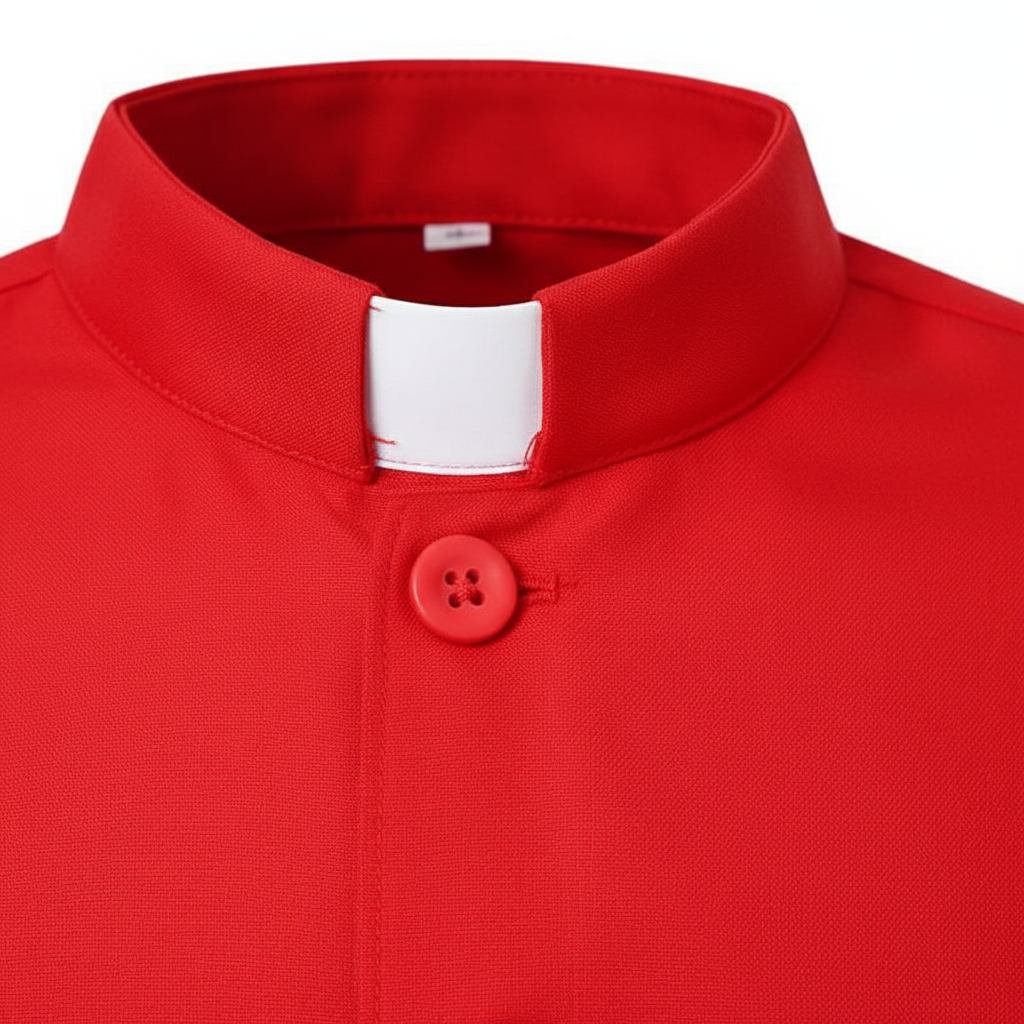 Close-up detail of red Catholic cassock robe showing stand collar with white clerical insert and front buttons, white background
