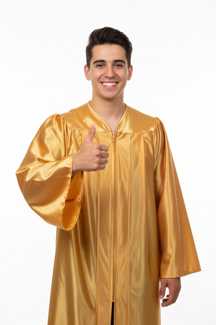 Shiny Antique Gold High School Gown - Model Display