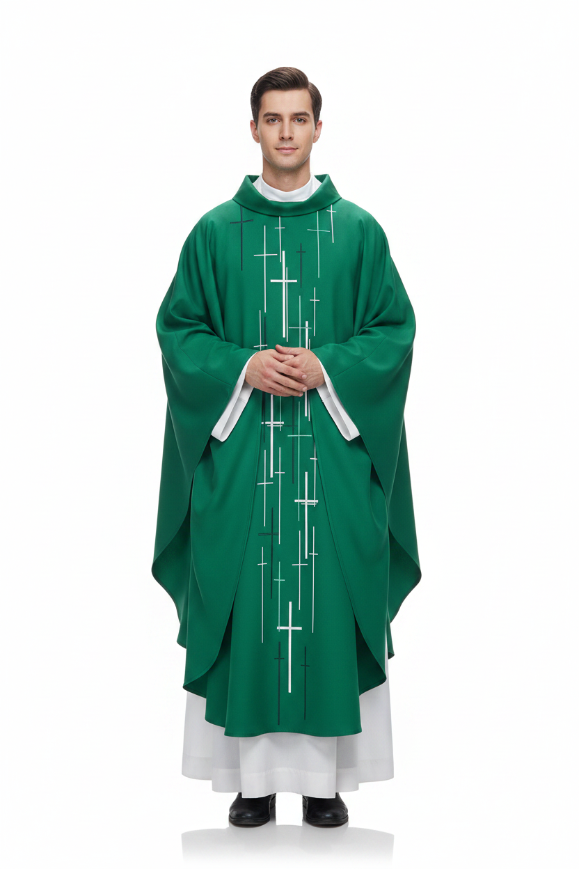 Male model wearing green Catholic chasuble vestment with scattered white cross print, full body front view, white background