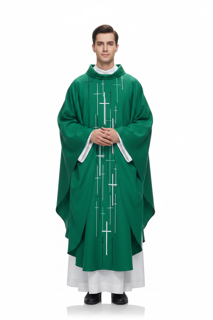 Male model wearing green Catholic chasuble vestment with scattered white cross print, full body front view, white background