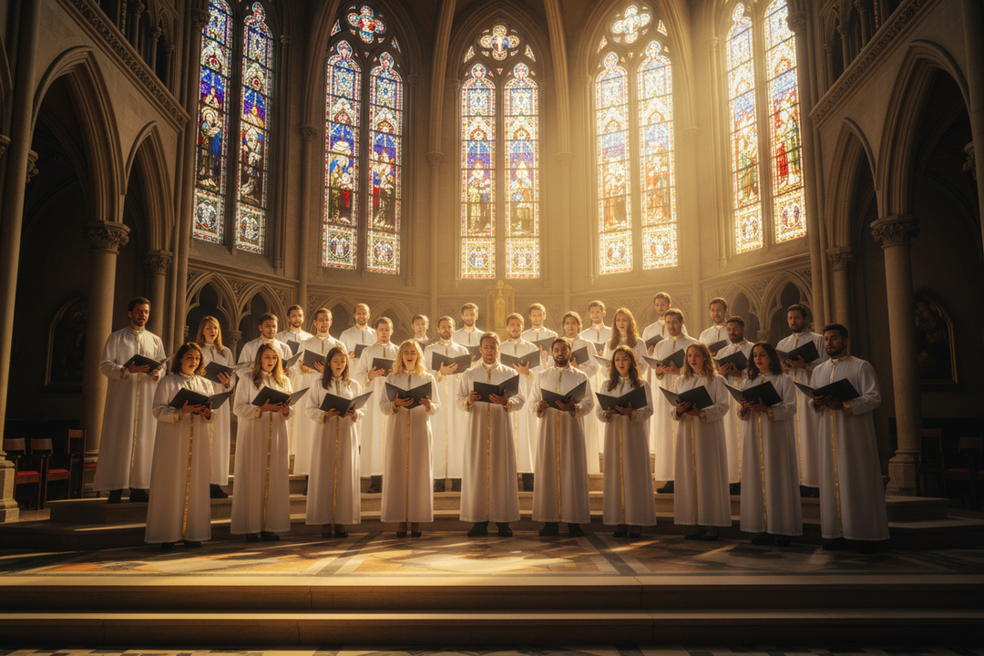 Church choir wearing white clergy robes with gold trim standing in cathedral with stained glass windows, cinematic atmosphere
