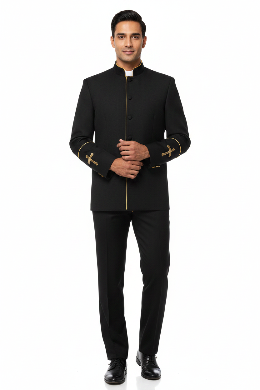 Model wearing black clergy mandarin collar jacket with gold trim and cross embroidery, white background