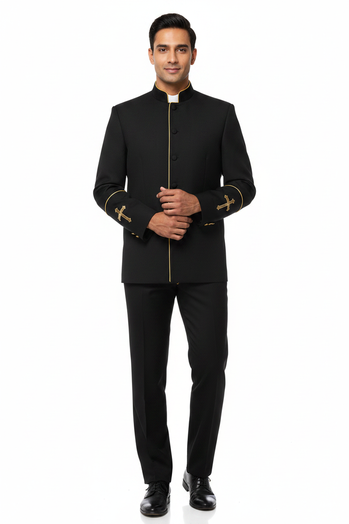 Model wearing black clergy mandarin collar jacket with gold trim and cross embroidery, white background