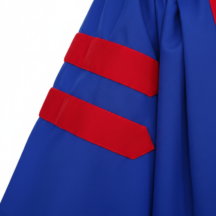 Close-up detail of royal blue doctoral gown sleeve showing three horizontal red velvet bar stripes, white background