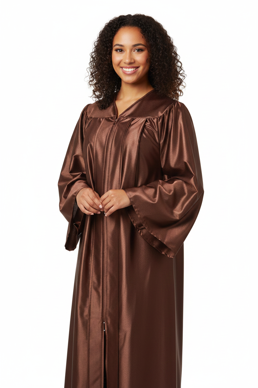 Shiny Brown High School Gown - Model Display