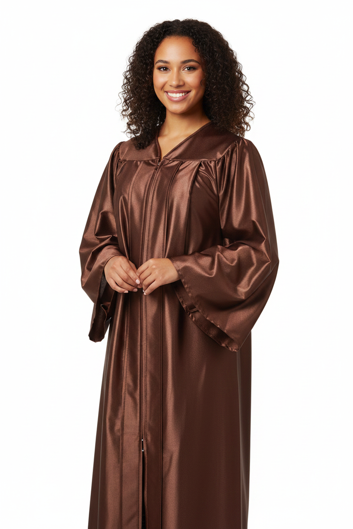 Shiny Brown High School Gown - Model Display