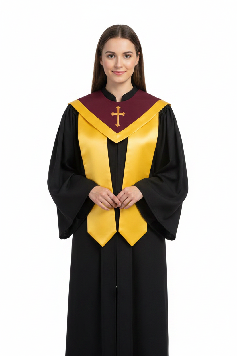 Female model wearing gold and dark maroon choir V-stole with cross embroidery over black robe, full body front view, white background