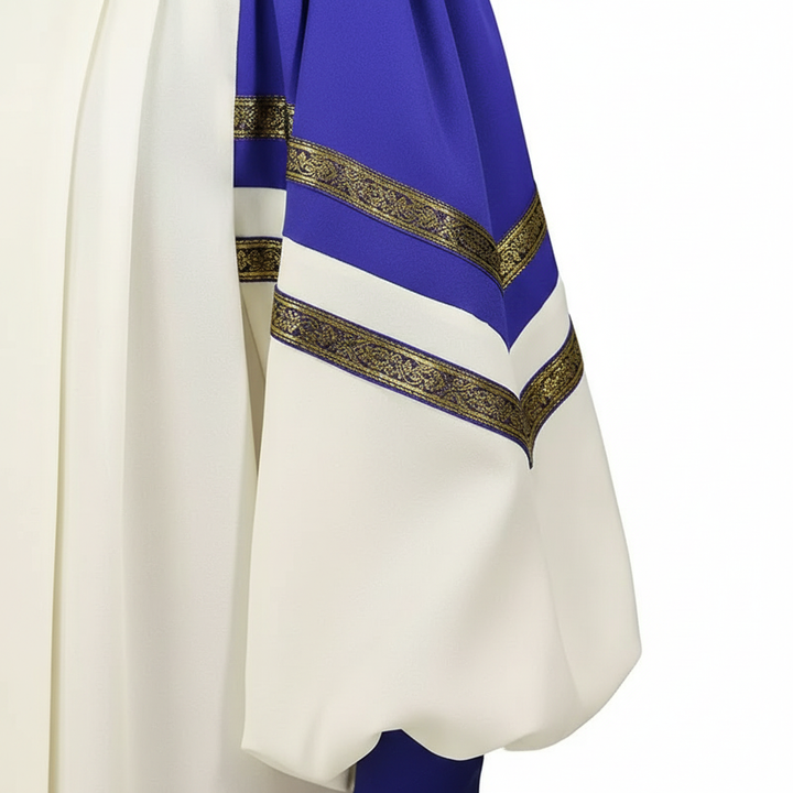 Close-up detail of ivory choir robe sleeve showing royal blue upper sleeve panel with two diagonal gold brocade stripe trim bands at blue-ivory junction, white background