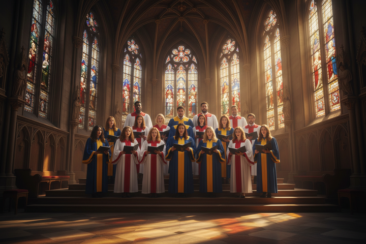 Large church choir wearing two-tone choir robes in cathedral with stained glass windows, atmospheric lighting