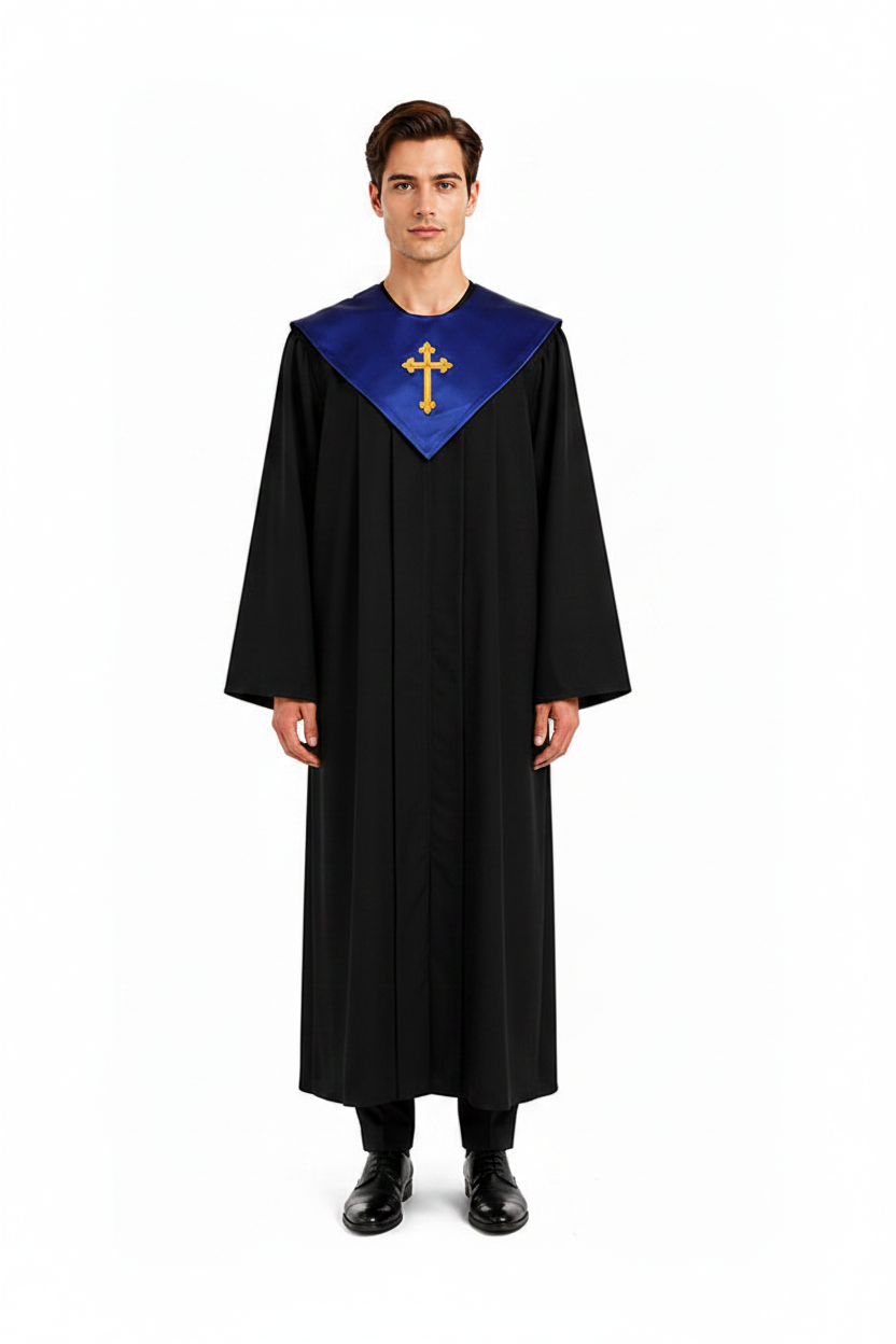 Male model wearing black choir robe with royal blue V-yoke collar and cross embroidery, full body front view, white background