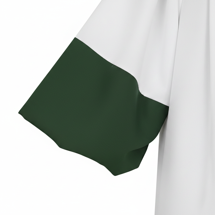 Close-up detail of white choir robe bell sleeve end showing square green cuff panel contrast against white bell sleeve drape, white background