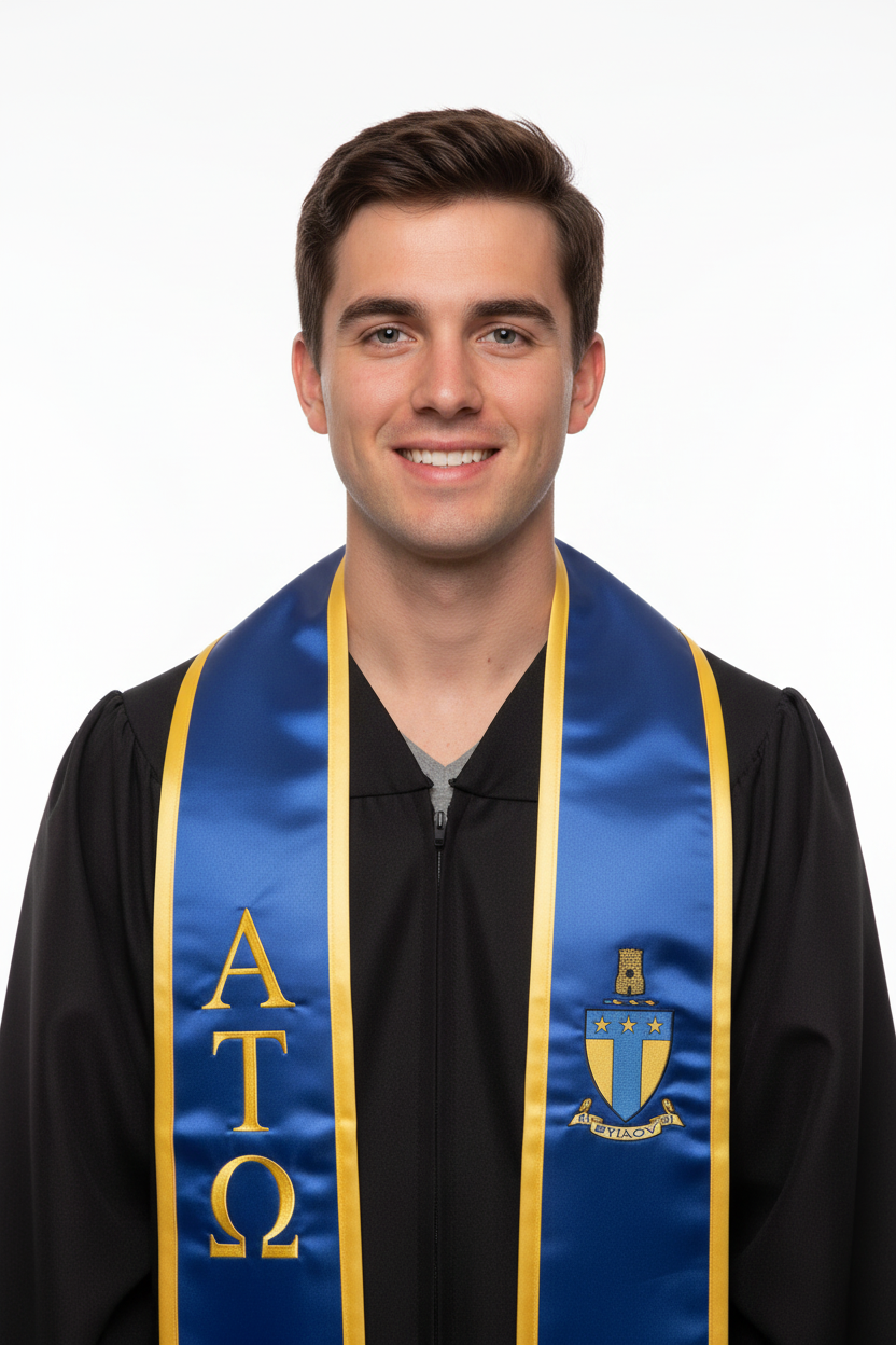 Alpha Tau Omega Trimmed Greek Lettered Graduation Stole w/ Crest model display