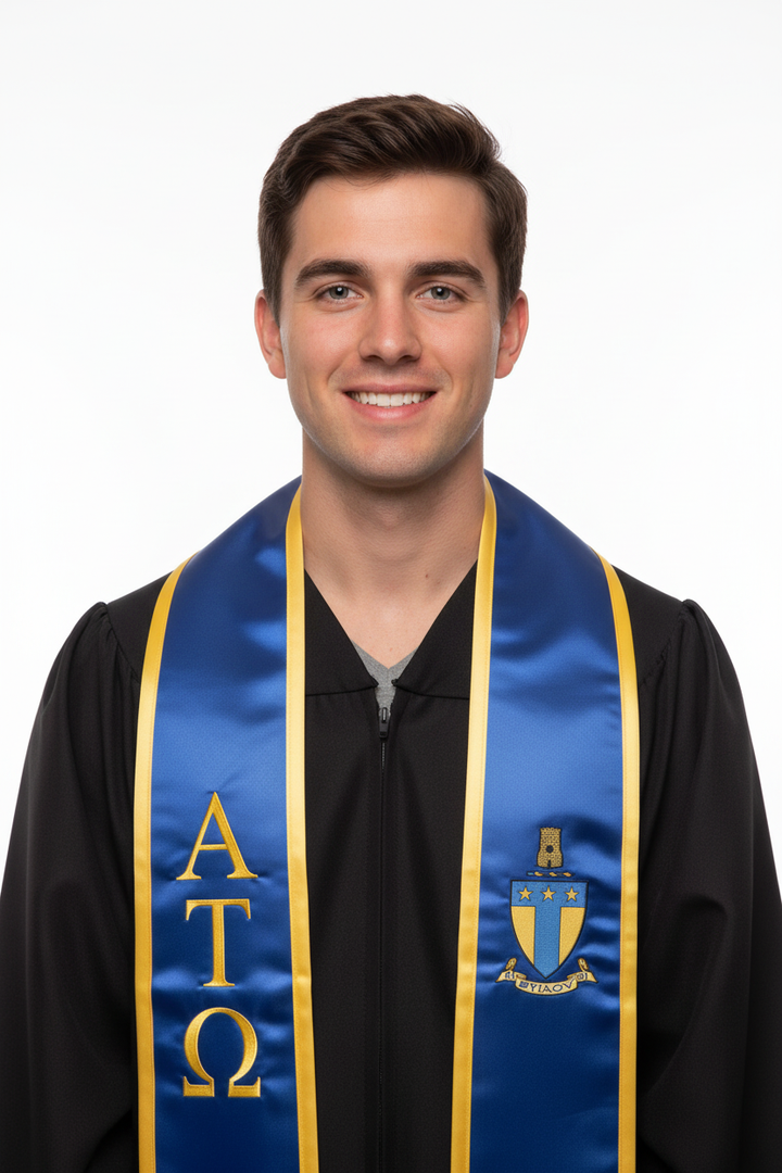 Alpha Tau Omega Trimmed Greek Lettered Graduation Stole w/ Crest model display