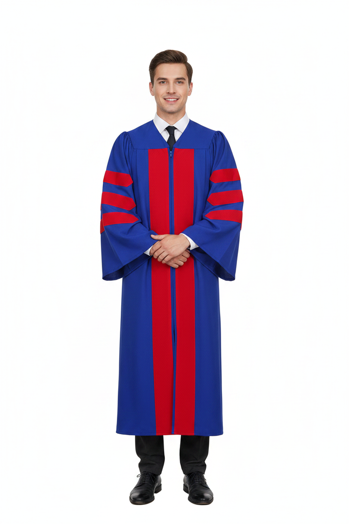 Male model wearing royal blue doctoral gown with red velvet chest panel and 3-bar sleeve stripes, full body front view, white background