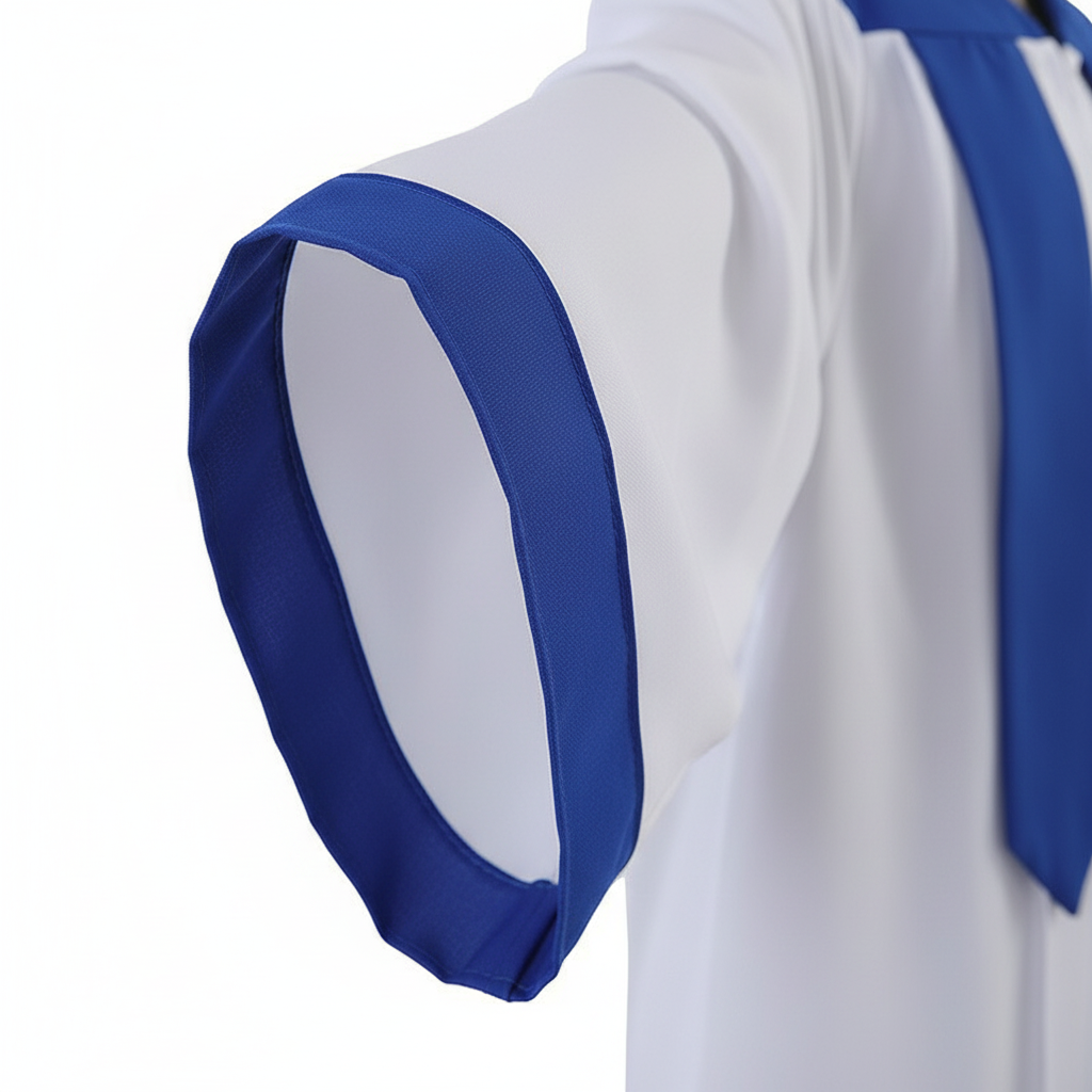 Close-up detail of white choir robe wide sleeve with royal blue cuff trim band, macro shot, white background