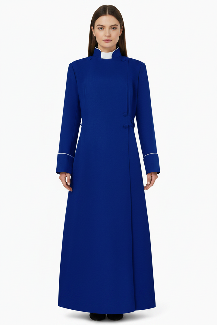 Royal Blue Medieval Clergy Cassock Robe - Model Front View White Background