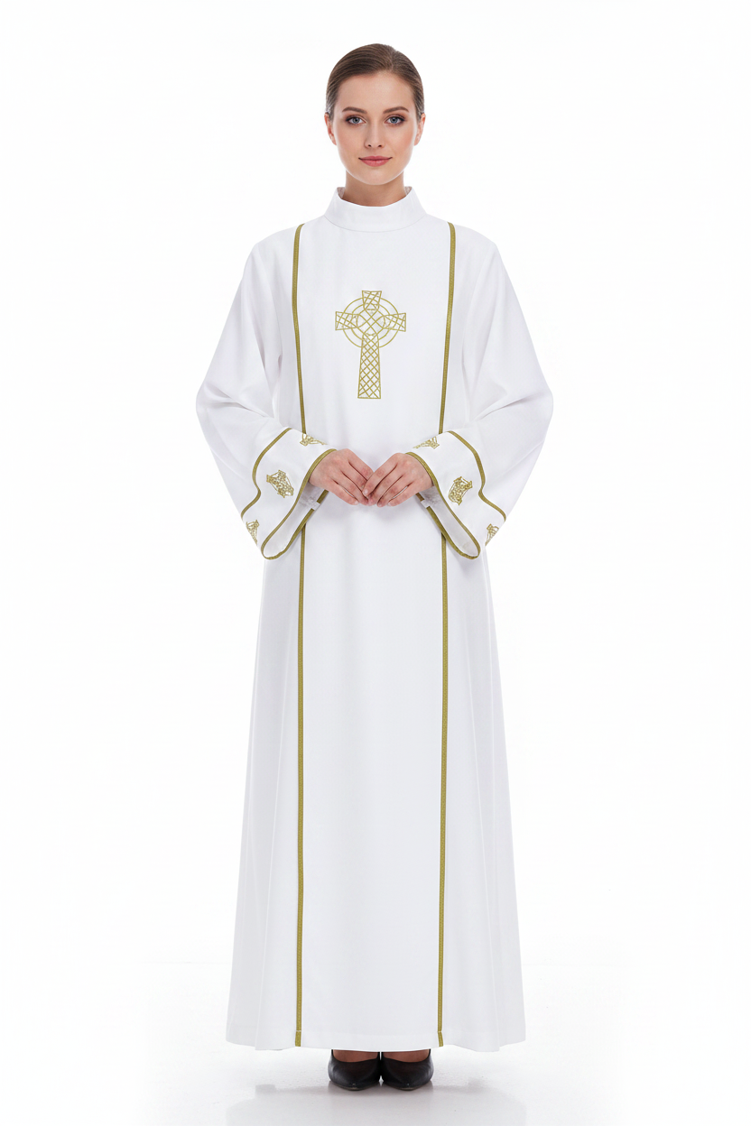 Female model wearing white liturgical alb robe Style C with gold Celtic cross embroidery, full body front view, white background