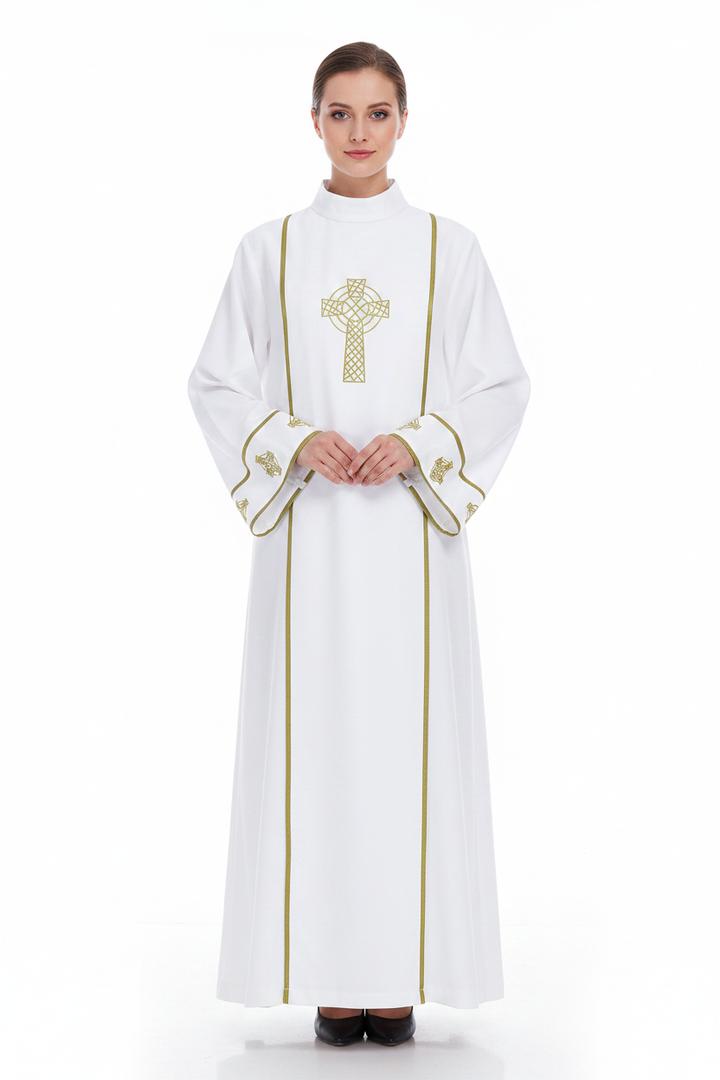 Female model wearing white liturgical alb robe Style C with gold Celtic cross embroidery, full body front view, white background