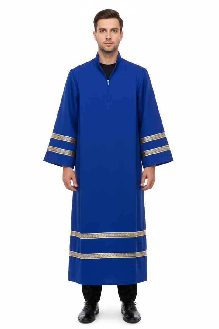 Male model wearing royal blue liturgical choir robe with gold braid trim, full body front view, white background