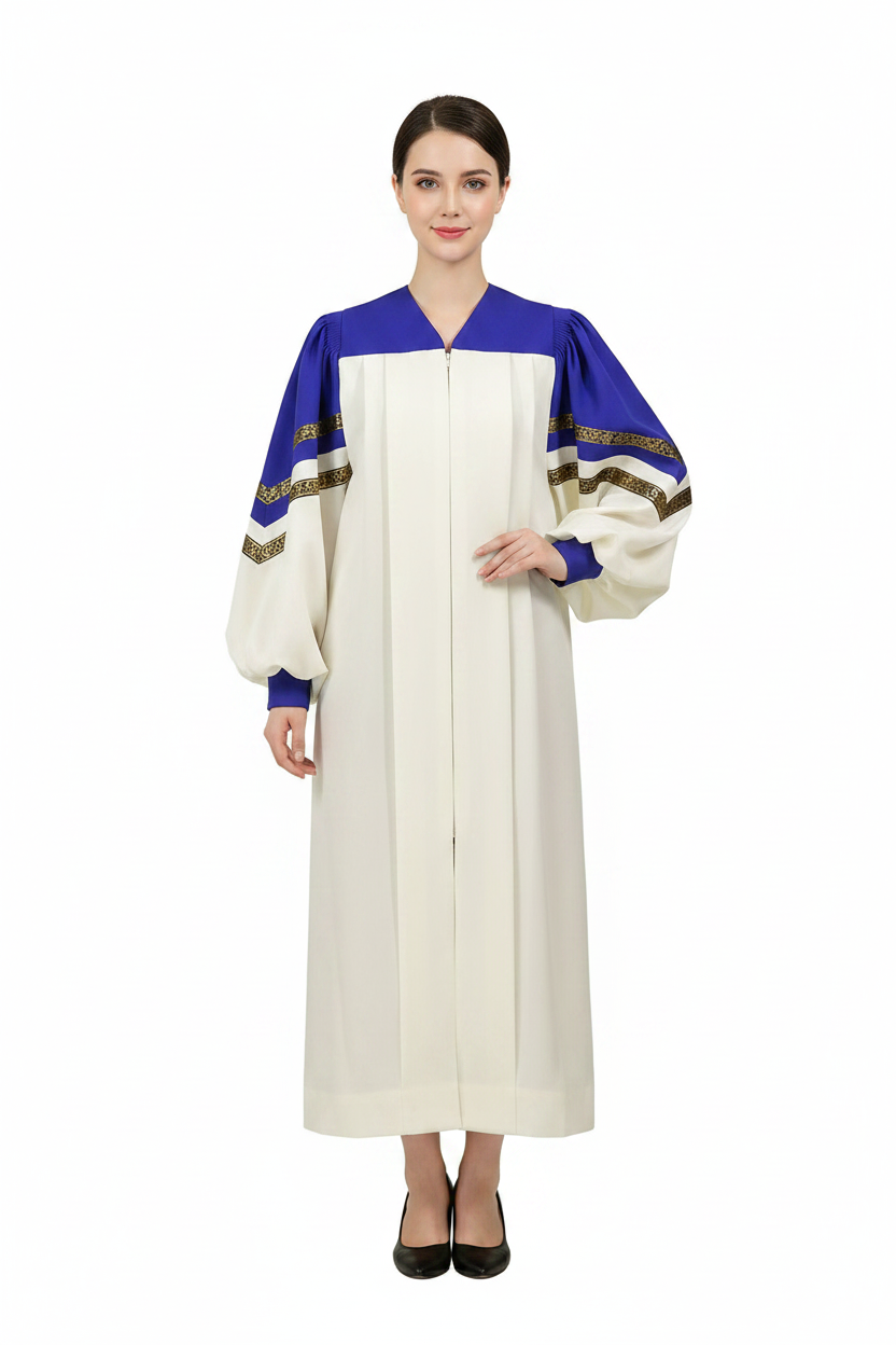 Female model wearing ivory and royal blue choir robe with gold brocade trim sleeves and puff sleeves, full body front view with face visible, white background