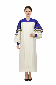 Ivory & Royal Blue Choir Robe | Gold Brocade Trim Sleeves | V-Neck Zipper | Church Gospel Stage Cosplay | S-XXXL | 800g