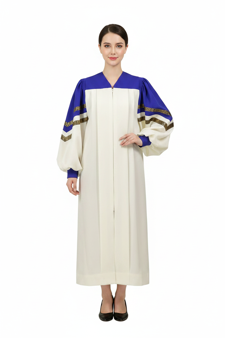 Female model wearing ivory and royal blue choir robe with gold brocade trim sleeves and puff sleeves, full body front view with face visible, white background