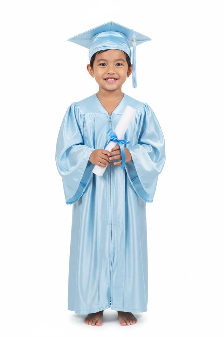 Shiny Light Blue Kindergarten/Preschool Cap & Gown - Model Shot