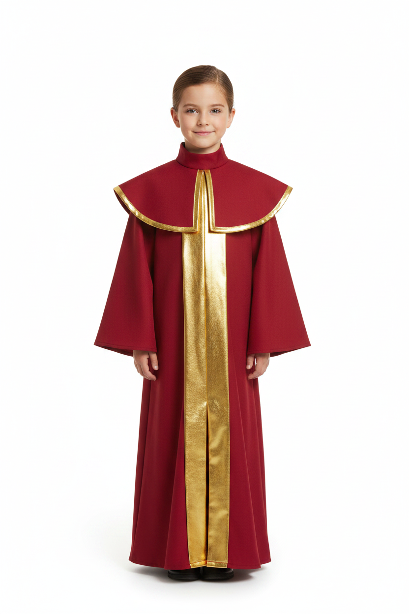 Child model wearing red choir robe with gold center stripe and gold cape collar, white background