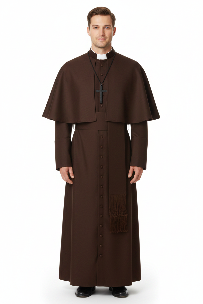 Male model wearing dark brown clergy cape cassock robe set full body front view, white background