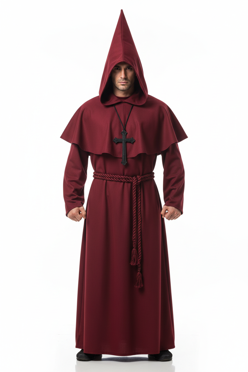 Male model wearing wine red medieval monk hooded robe with pointed hood and rope belt, full body front view, white background