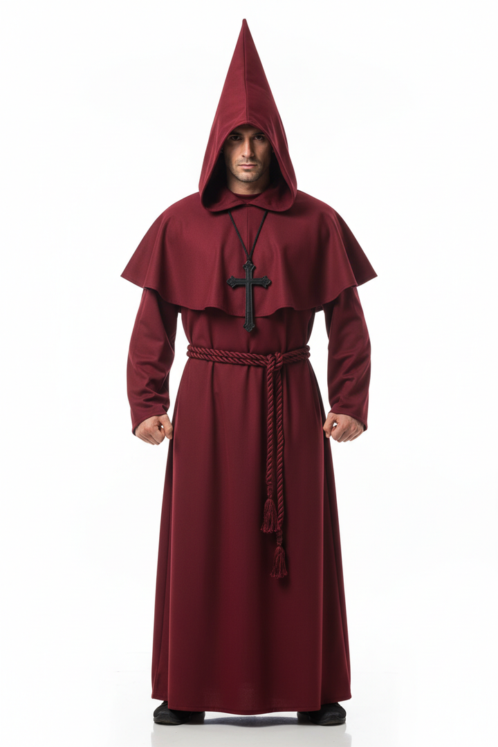 Male model wearing wine red medieval monk hooded robe with pointed hood and rope belt, full body front view, white background