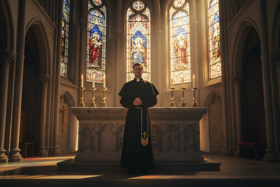 Catholic priest wearing black cassock with gold stole at church altar with candles and stained glass, cinematic atmosphere